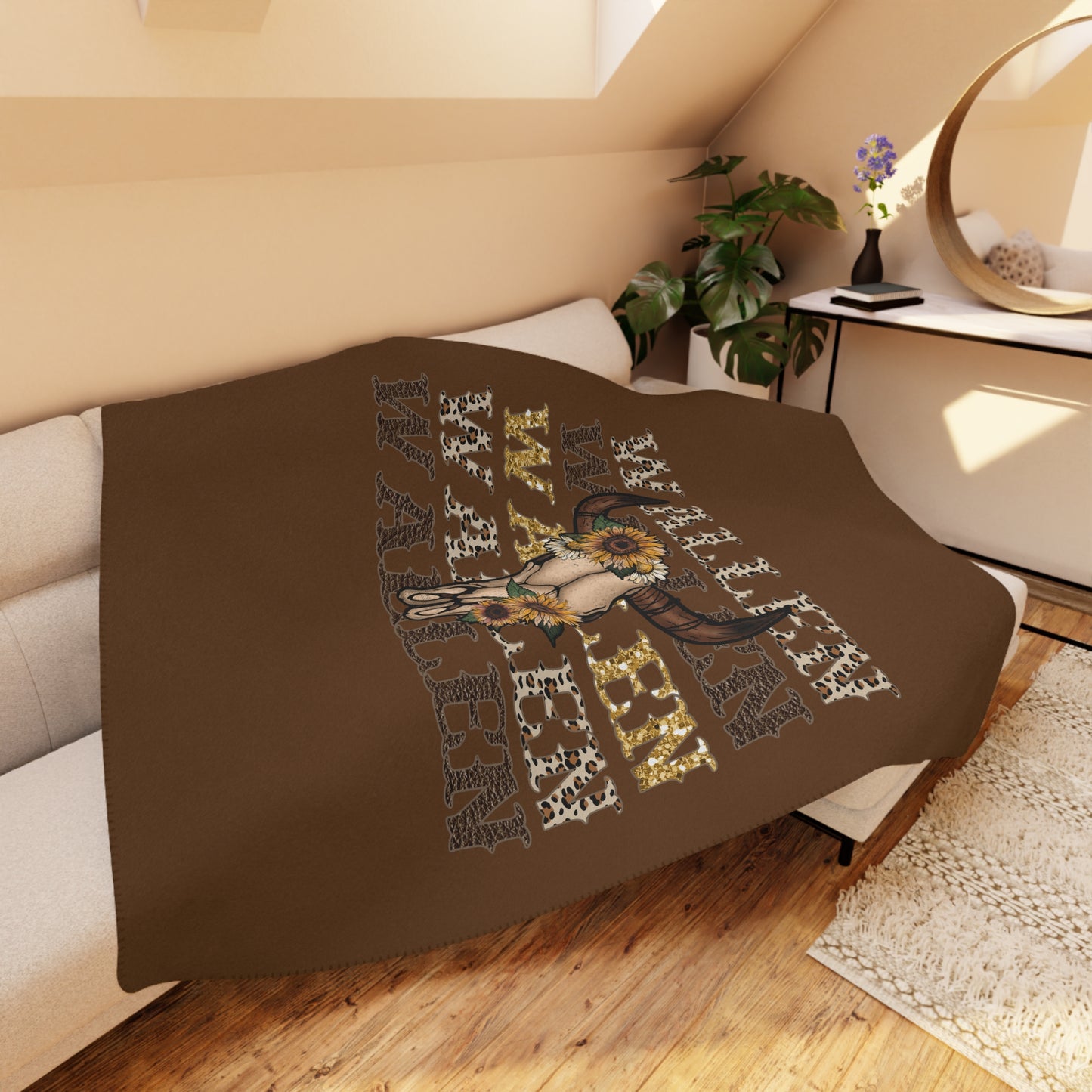 Tan Wallen Sherpa Fleece Blanket, Boho Chic throw, Cowgirl blanket, Country Decor Soft Fluffy Country Western Blanket, Western Dorm Decor