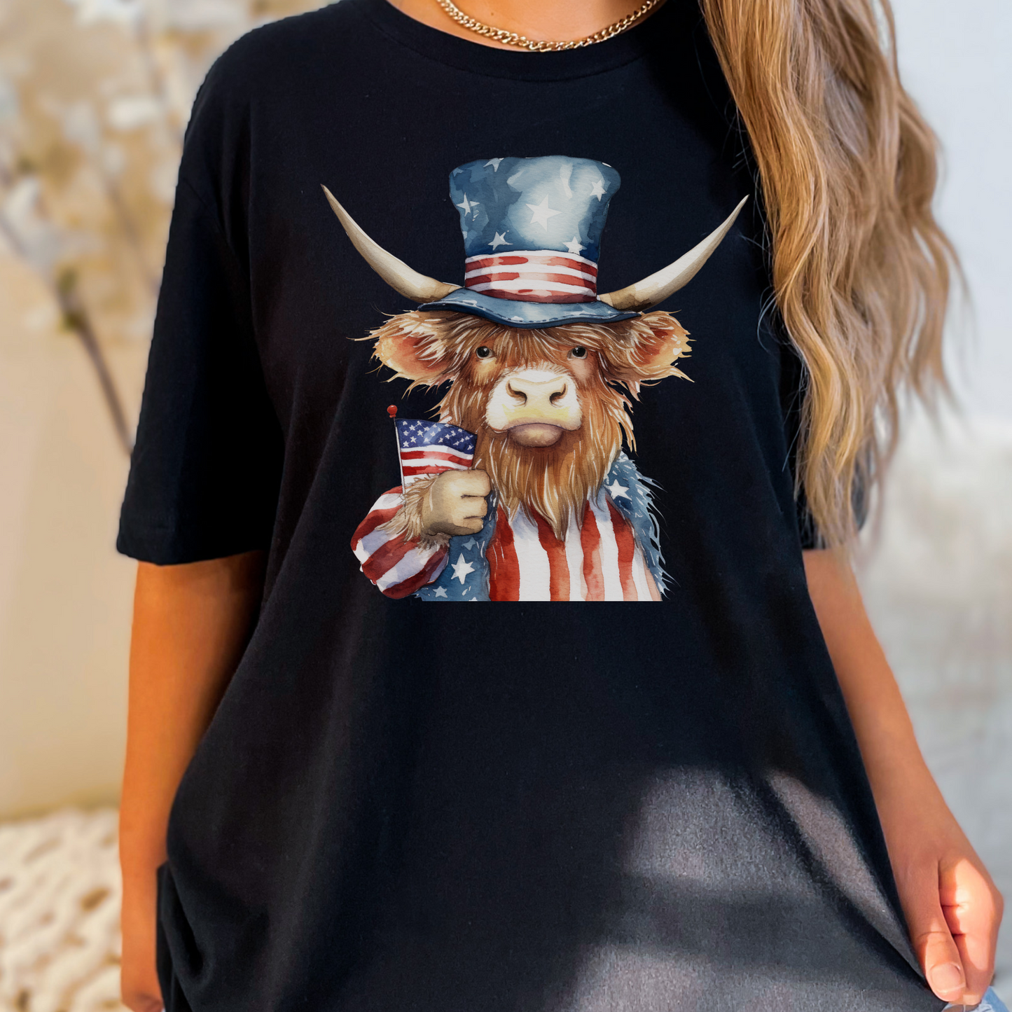 America Highland Cow 4th of July Highland Cow Shirt for Women Cute Cow Independence Day Shirt Patriotic Highland Cow Tshirt Cute Hairy Cow T-shirt
