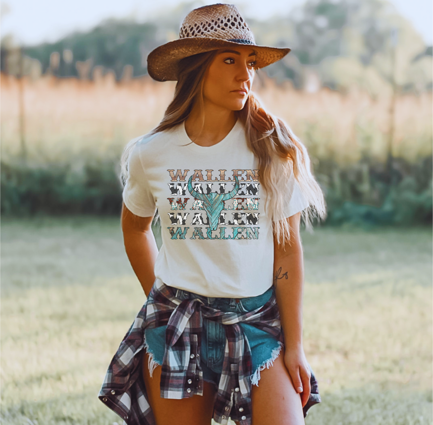 Wallen Stacked T-Shirt, Country Music Concert Tee Cow Skull Western Southern Country Girl Women, Bullhead Crew neck