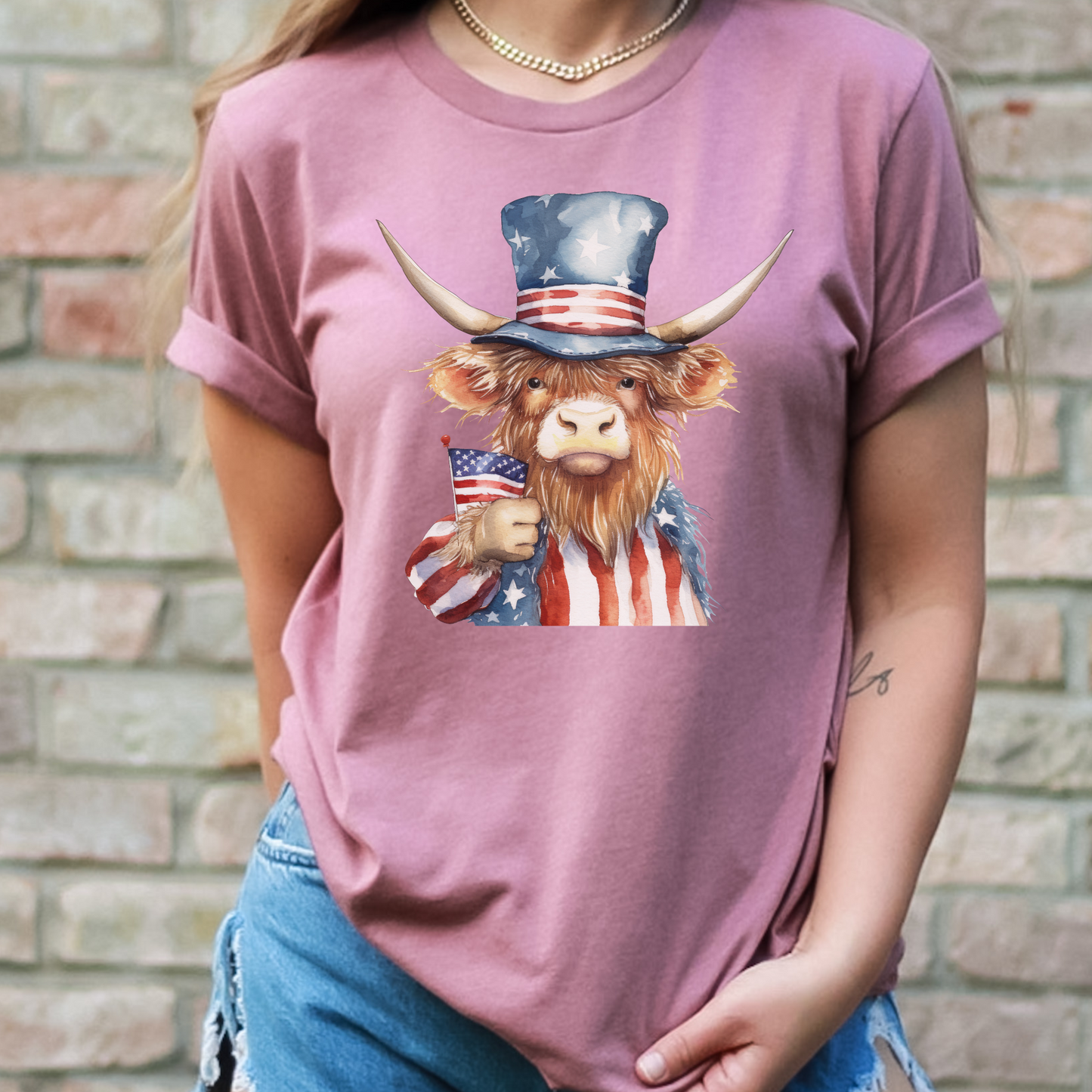 America Highland Cow 4th of July Highland Cow Shirt for Women Cute Cow Independence Day Shirt Patriotic Highland Cow Tshirt Cute Hairy Cow T-shirt
