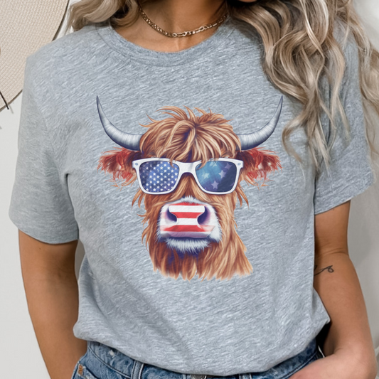 4th of July Highland Cow Shirt for Women Cute Cow Independence Day Shirt Patriotic Highland Cow Tshirt Cute Hairy Cow T-shirt