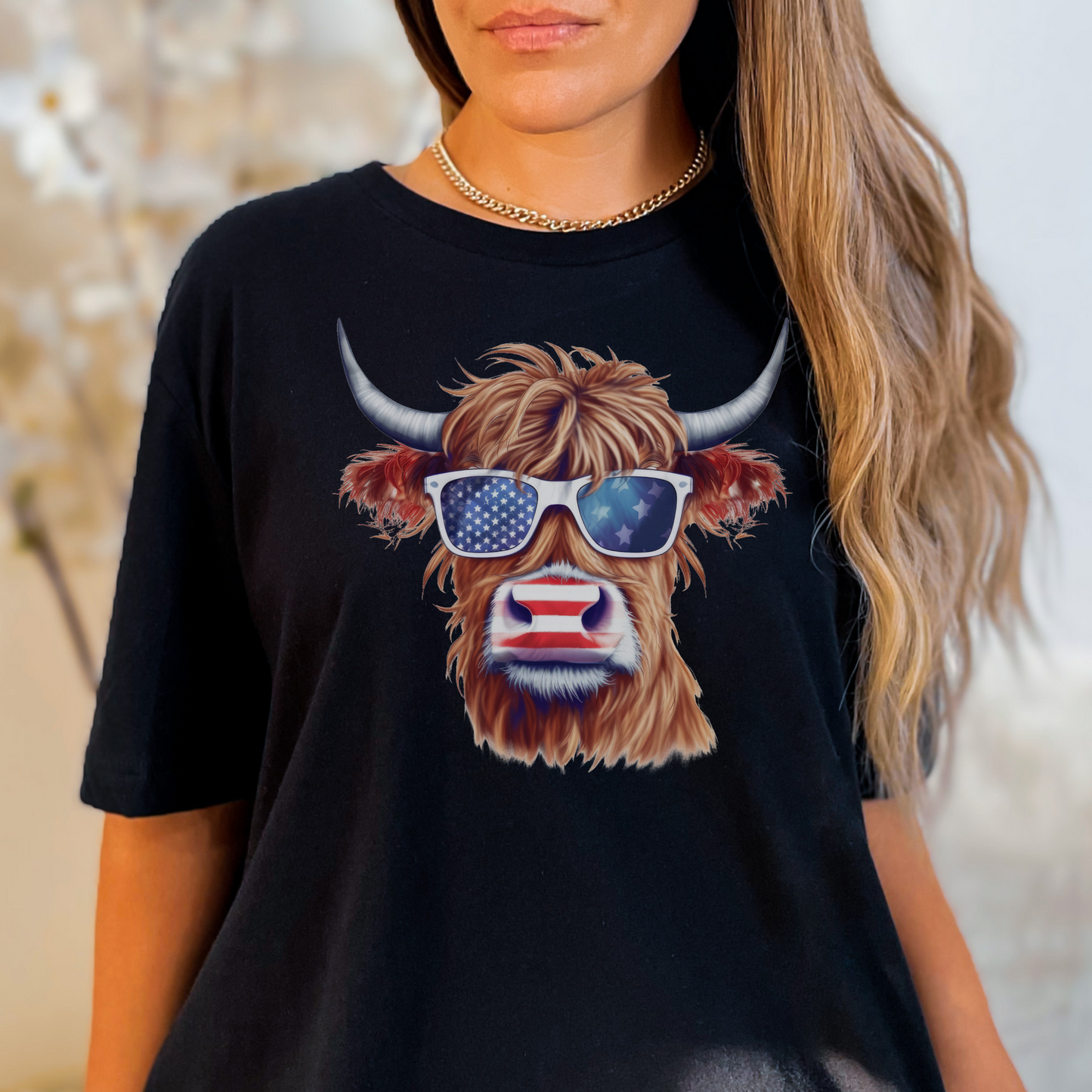 4th of July Highland Cow Shirt for Women Cute Cow Independence Day Shirt Patriotic Highland Cow Tshirt Cute Hairy Cow T-shirt
