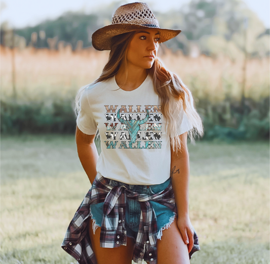 Wallen Stacked T-Shirt, Country Music Concert Tee Cow Skull Western Southern Country Girl Women, Bullhead Crew neck