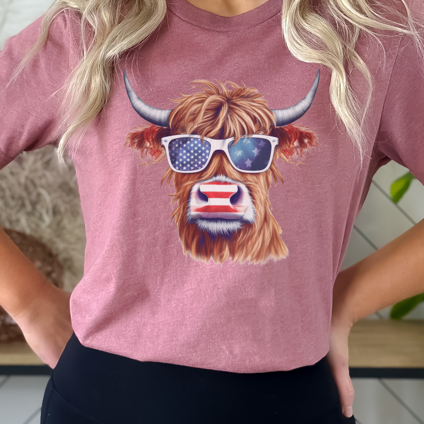 4th of July Highland Cow Shirt for Women Cute Cow Independence Day Shirt Patriotic Highland Cow Tshirt Cute Hairy Cow T-shirt