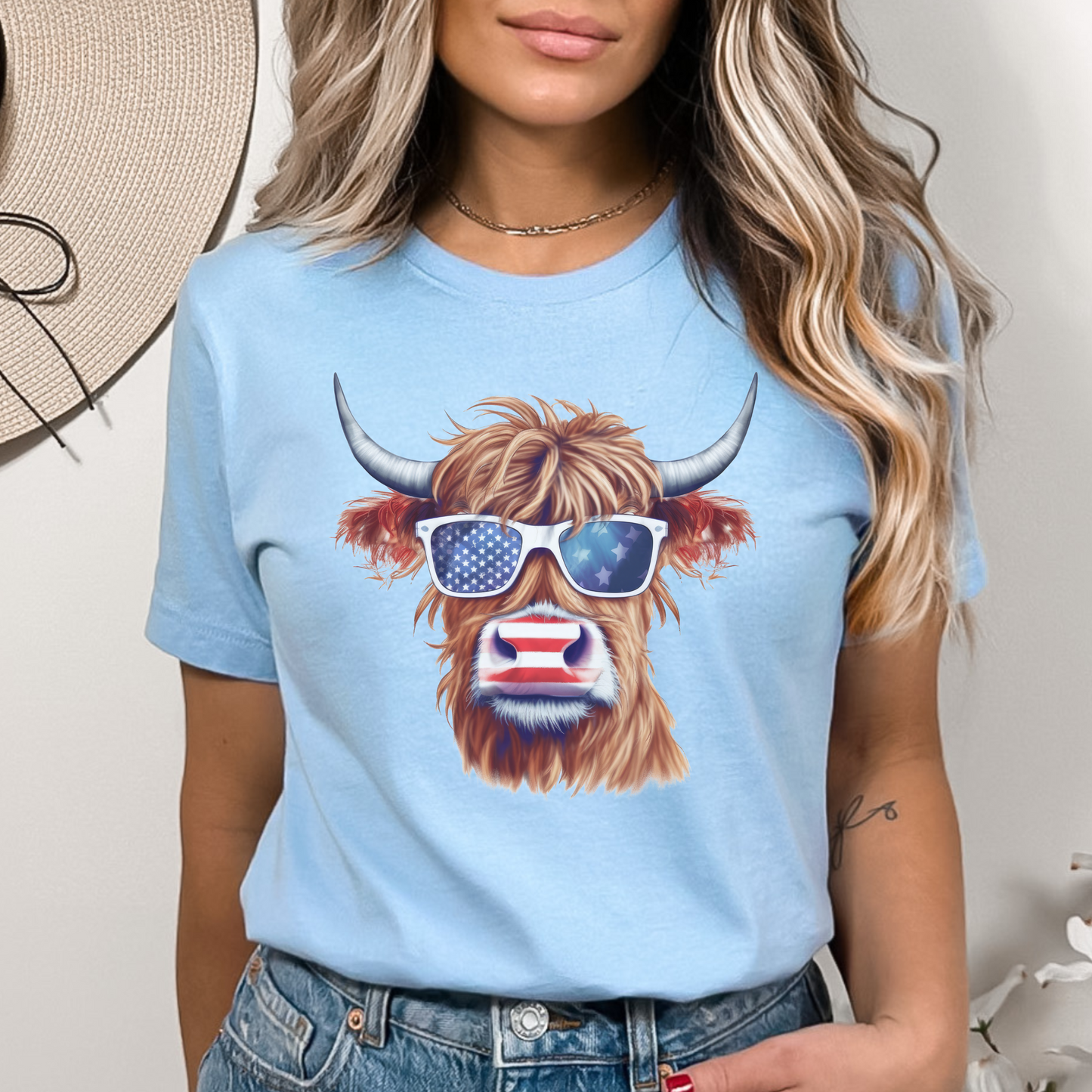 4th of July Highland Cow Shirt for Women Cute Cow Independence Day Shirt Patriotic Highland Cow Tshirt Cute Hairy Cow T-shirt
