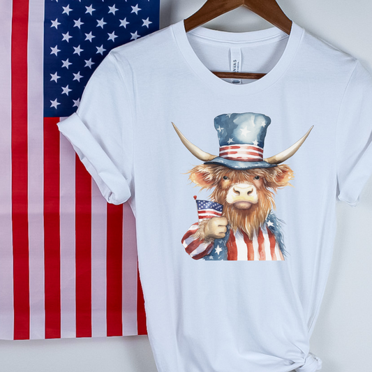 America Highland Cow 4th of July Highland Cow Shirt for Women Cute Cow Independence Day Shirt Patriotic Highland Cow Tshirt Cute Hairy Cow T-shirt