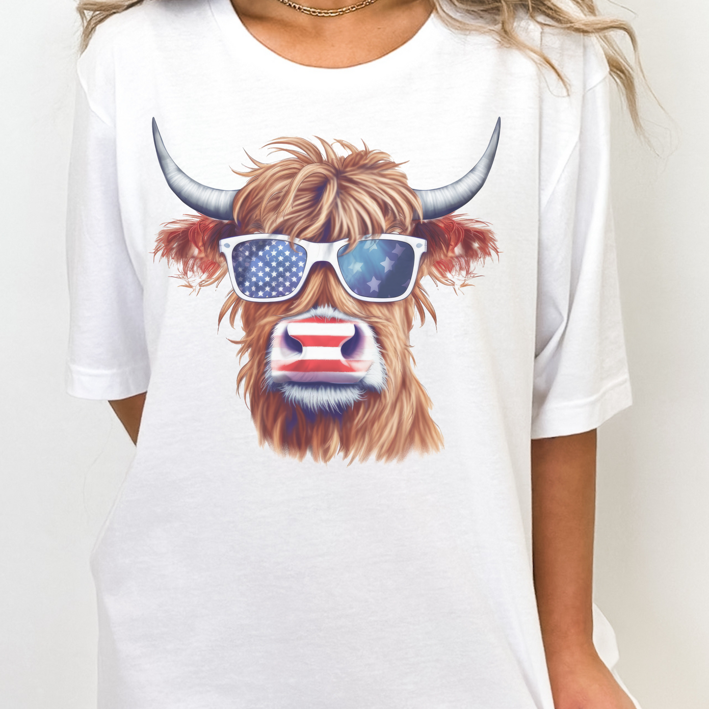 4th of July Highland Cow Shirt for Women Cute Cow Independence Day Shirt Patriotic Highland Cow Tshirt Cute Hairy Cow T-shirt